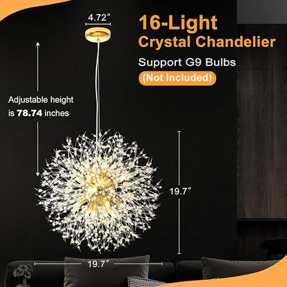 Yiisem Modern Gold Crystal Chandeliers, 16-Light Dandelion Firework Pendant Lighting, Hanging Chandelier Light Fixtures for Dining Room Bedroom Living Room Kitchen Island