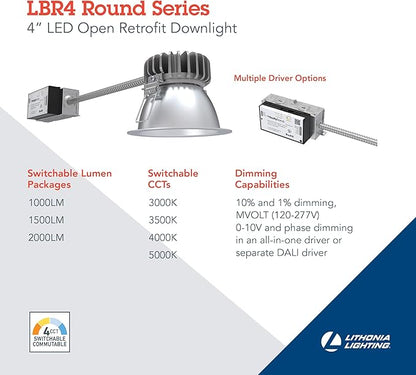 Lithonia Lighting 4 in Commercial LBR LED Open Retrofit Downlight, Round Retrofit Series LED Downlight with Adjustable Lumen Output, 3000K/3500K/4000K/5000K Switchable Color Temperature, (LBR4)