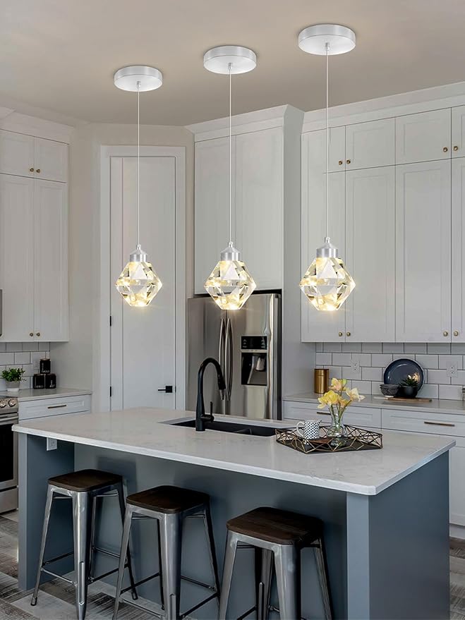 Crystal Pendant Light for Kitchen Island,Silver Chandelier Lights Fixture, Hanging Lighting Ceiling Light Fixture Modern Adjustable Pendant Lighting for Dining Room Bedroom