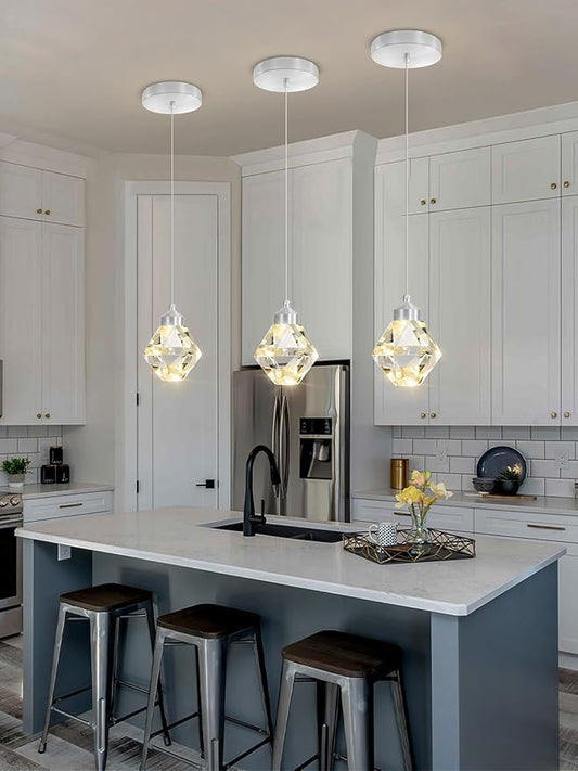 Crystal Pendant Light for Kitchen Island,Silver Chandelier Lights Fixture, Hanging Lighting Ceiling Light Fixture Modern Adjustable Pendant Lighting for Dining Room Bedroom