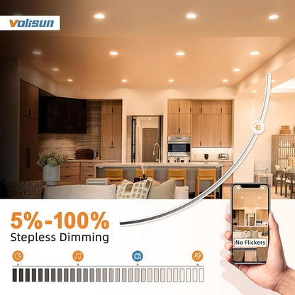 VOLISUN 24 Pack 4 inch Recessed Lighting, 5CCT Ultra-Thin LED Recessed Light with Junction Box, 2700K-5000K Selectable, 810Lumen Dimmable Canless Wafer Downlight, LED Ceiling Light ETL Certificated