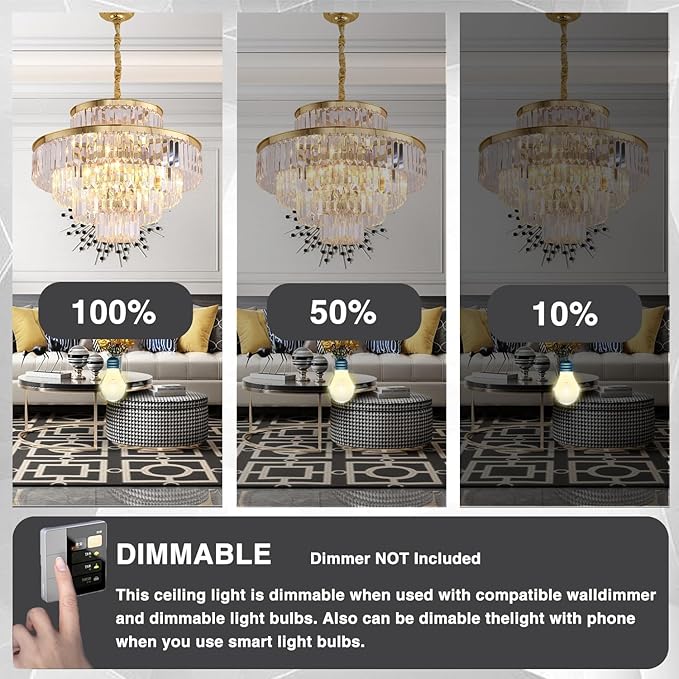 Gold Modern Crystal Chandelier Pendant Ceiling Lights Chandeliers Lighting Fixture for Dining Living Room Foyer Hallway 12-Lights (Dia 24 Inch)