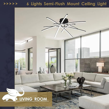 Modern 32.8" LED Chandelier Ceiling Light 6-Lights Black Dimmable Semi Flush Mount Ceiling Light Fixtures with Remote for Living Room Bedroom Kitchen 65 W 3000K-6000K