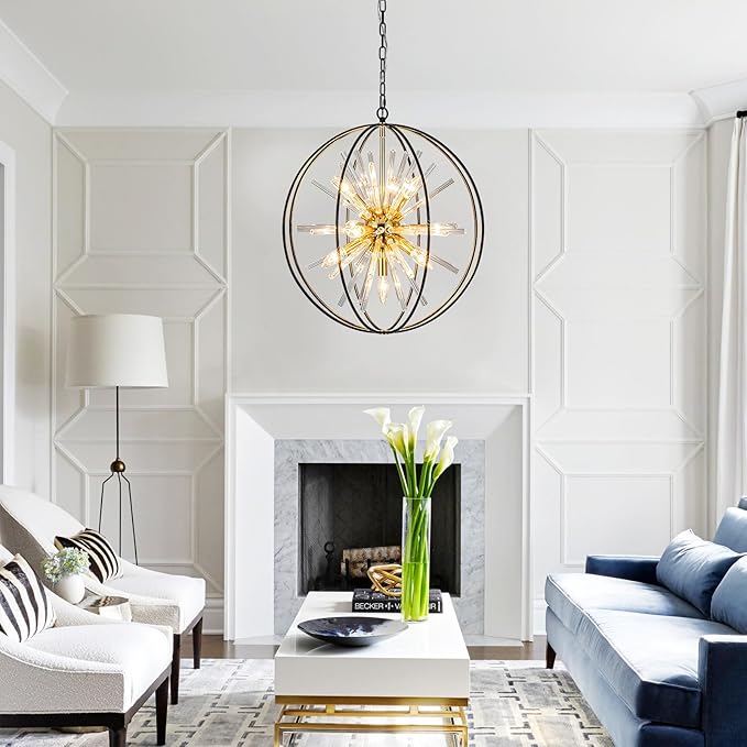 Vezzio 22 Inch Black and Gold Chandelier Modern Chandeliers for Living Room 10-Light Globe Sputnik Chandelier Round Hanging Chandelier for Foyer Entryway Stairway Kitchen Island