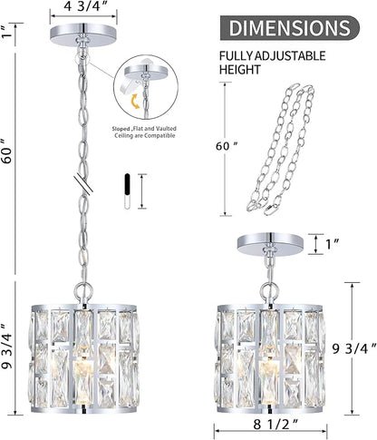 MEXO Modern Crystal Pendant Light,Chrome Chandelier Light Fixture, Cylinder Adjustable Height Pendant Lights for Kitchen,Dining Room,Living Room,Foyer,Hallway