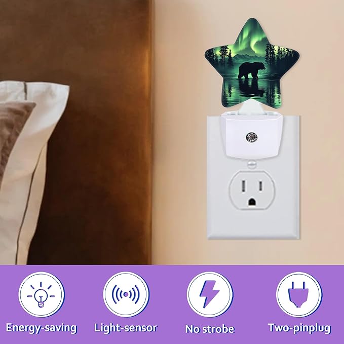Forest Bear Night Lights Plug Into Wall Decorative,Green Polar Lights Sleep Friendly Lamp, Energy Efficient Dusk-to-Dawn Sensor Nightlights for Kid Bedroom Nursery Bathroom