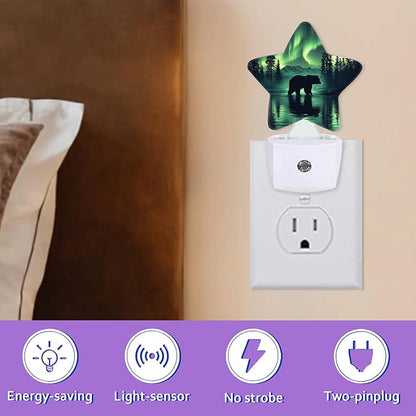 Forest Bear Night Lights Plug Into Wall Decorative,Green Polar Lights Sleep Friendly Lamp, Energy Efficient Dusk-to-Dawn Sensor Nightlights for Kid Bedroom Nursery Bathroom