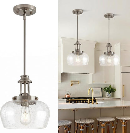 Modern Pendant Lights Kitchen Island, Brushed Nickel Pendant Light Fixtures with 10" Clear Air Bubble Glass Shade, Industrial Hanging Pendant Lights Fixture for Kitchen Island Dining Room Entryway