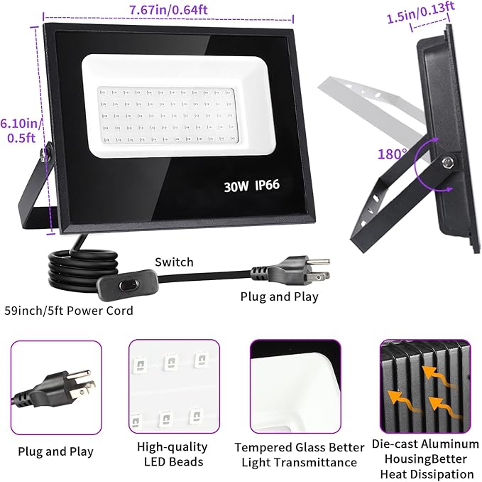 4 Pack 30W Black Light, Blacklight Flood Light with Plug & Switch, IP66 Waterproof Outdoor Black Light Spotlight for Dance Party Fluorescent Poster Body Paint Neon Glow in The Dark Stage Lighting