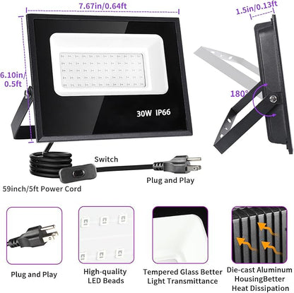 4 Pack 30W Black Light, Blacklight Flood Light with Plug & Switch, IP66 Waterproof Outdoor Black Light Spotlight for Dance Party Fluorescent Poster Body Paint Neon Glow in The Dark Stage Lighting