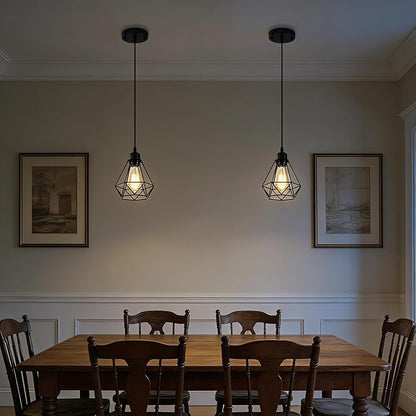 COTTAGE LIFE Black Pendant Light Fixtures 2 Pack, Farmhouse Industrial Metal Cage Pendant Lights, Adjustable Hanging Light Fixtures for Kitchen Island, Dining Room, Bar, Bedroom, Hallway