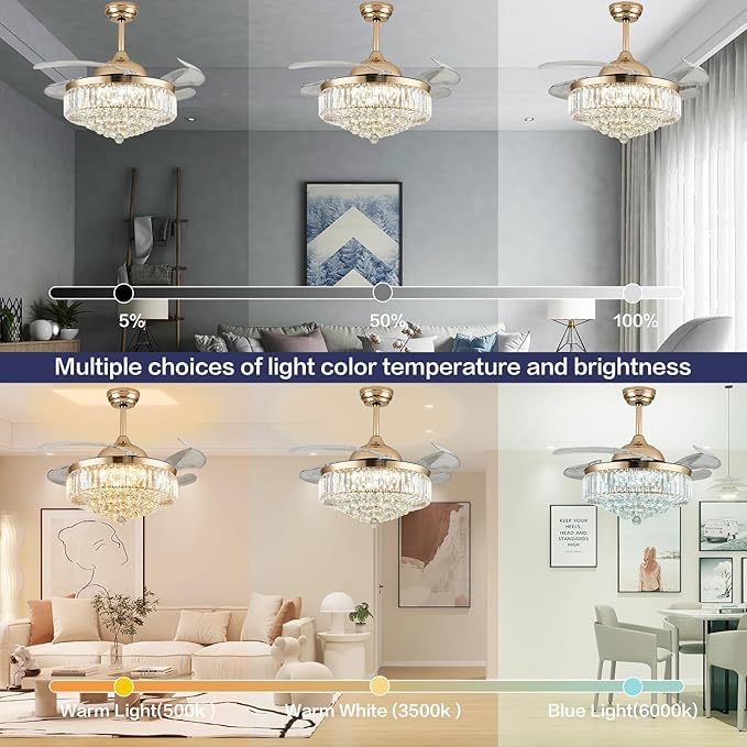 DuMaiWay 36" Dimmable Crystal Ceiling Fan with Light, Fandelier,Chandelier Fan with 4 Retractable Blades LED Remote APP Control for Living Room, Bedroom, Dining Room 6 Speed-Gold
