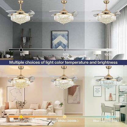 DuMaiWay 36" Dimmable Crystal Ceiling Fan with Light, Fandelier,Chandelier Fan with 4 Retractable Blades LED Remote APP Control for Living Room, Bedroom, Dining Room 6 Speed-Gold