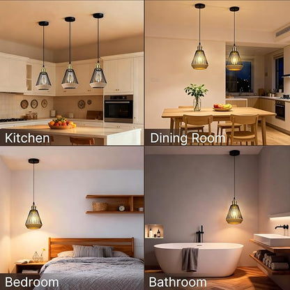 ropelux Pendant Lights Kitchen Island, Modern Kitchen Island Lighting, Adjustable Height Farmhouse Black Gold Brass Hanging Light Fixture for Living Room Sink Dinning Room Bedroom- 3 Pcs