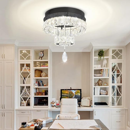 Flashing God Dia 12" Mini Chandelier Modern Crystal Chandeliers for Hallway Black Flush Mount Ceiling Light Modern Chandeliers Lighting for Bedroom Staircase Kitchen