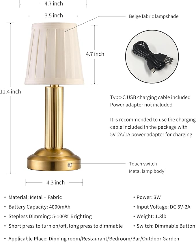 Mini Cordless Table Lamp 2 Pack - 11.4" Stepless Dimmable Touch Lamp with Fabric Shade, Small LED Lamps, 4000mAh Rechargeable Battery Operated Lamps for Dinning Room, Bedroom, Bar (Gold)