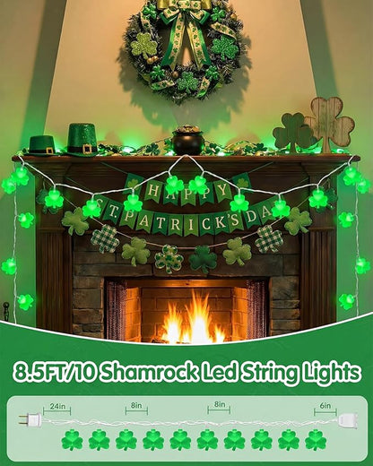 SUNSGNE St. Patrick's Day Lights Shamrocks Decorative String Light, Lucky Clover String Lights with 10 LED Green Fairy Bulbs for Indoor Outdoor St. Patrick's Party Holiday Decor, White Wire