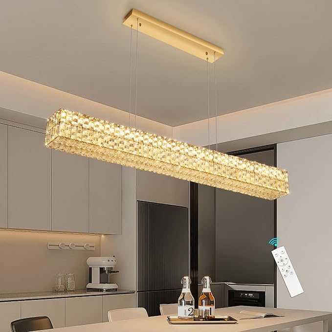 Rectangular Crystal Chandelier Glam Dimmable LED Crystal Chandeliers for Dining Room Linear Pendant Light with Remote Control for Kitchen Island Gold
