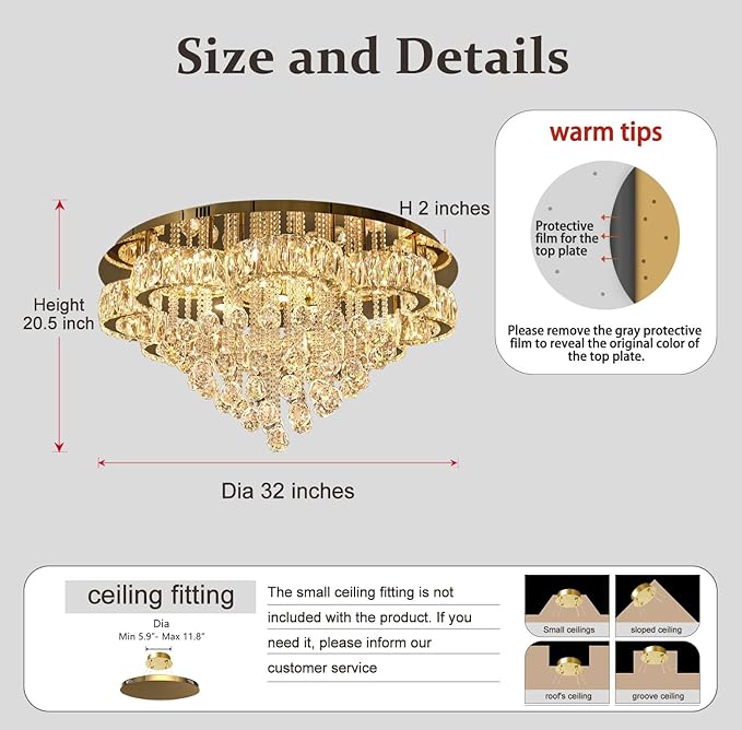 W32in Crystal Ceiling Chandelier Modern Gold Chandeliers Raindrop Crystal Ceiling Lighting Fixture Flush Mount Chandelier for Living Room Hallway Dining Room Kitchen Bedroom