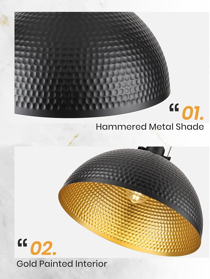 16 Inch Black and Gold Pendant Light Fixtures, Large Hammered Pendant Lights Kitchen Island, Vintage Dome Pendant Light for Kitchen, Dining Room, Bedroom,Bar