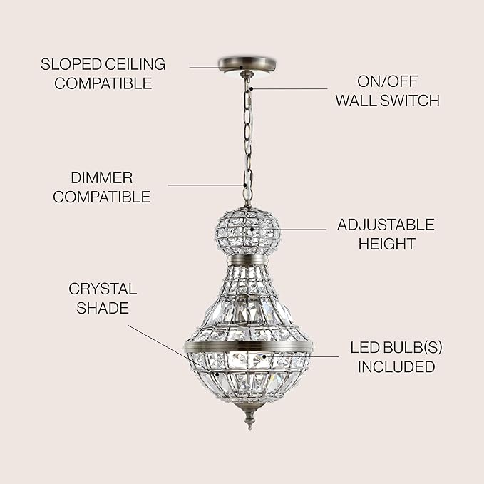JONATHAN Y 12" Antique Brass/Clear Regina Empire LED Pendant Light, Glam Adjustable Hanging Chandelier for Dining Room Kitchen Foyer, Clear Crystal Shade, LED Bulb Included (JYL6109A)