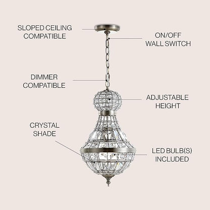 JONATHAN Y 12" Antique Brass/Clear Regina Empire LED Pendant Light, Glam Adjustable Hanging Chandelier for Dining Room Kitchen Foyer, Clear Crystal Shade, LED Bulb Included (JYL6109A)