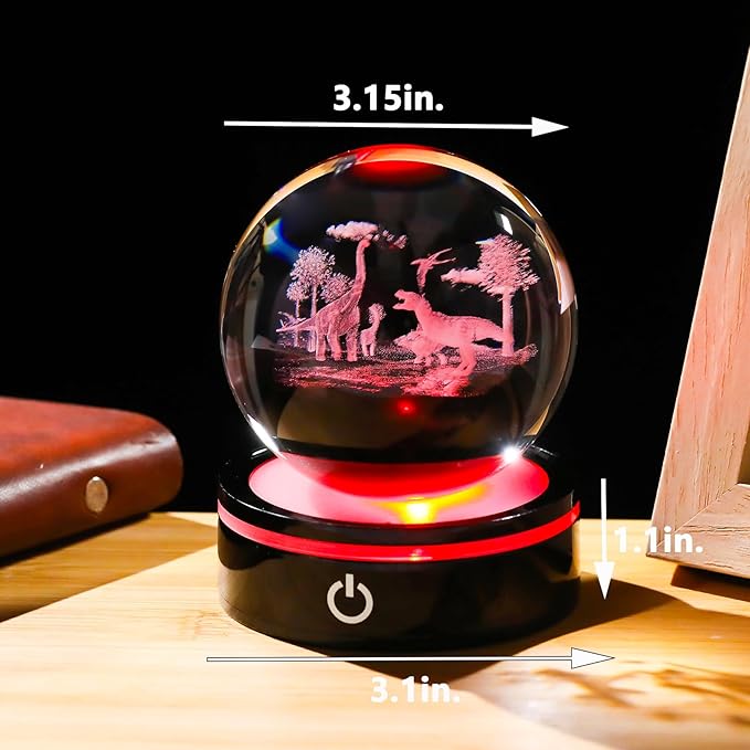 YWHL 3D Dinosaur Figurine Crystal Ball with Colorful Light Base, Dinosaur Gifts for Women Men on Christmas Birthday, 3D Laser Engraved Dinosaurs Full Sphere Glass Ball for Home Office Decor (80mm)