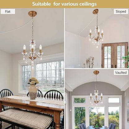 Plug in Chandelier with Glass Crystals, 3-Light Vintage Gold Miniature Crystal Chandelier, Modern Pendant Light for Small Spaces, Bedroom Kitchen Island Entryway Covered Patio, E12 Base