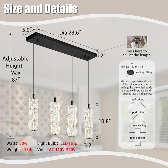 ykolupty Dining Room Light Fixture 4-Light Black Kitchen Island Lighting Industrial Linear Chandeliers for Dining Room Pendant Light Fixture for Living Room Hallway Bedroom 2700K-6000K