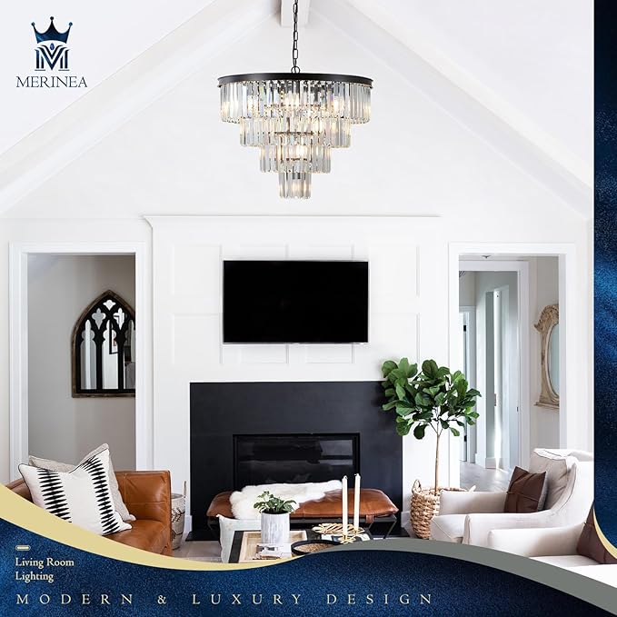 Black Crystal Chandeliers 12 Lights Luxury 24" Round Chandelier 4-Tier Modern Ceiling Pendant Light Fixture K9 Crystal Lighting for Living Room Dining Room Staircase Foyer