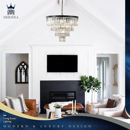 Black Crystal Chandeliers 12 Lights Luxury 24" Round Chandelier 4-Tier Modern Ceiling Pendant Light Fixture K9 Crystal Lighting for Living Room Dining Room Staircase Foyer