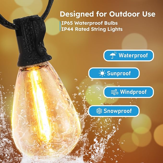 GvvooHome LED Outdoor String Lights, 100FT Waterproof Patio Lights with 32 Shatterproof S11 Plastic Bulbs, 2700K Warm White Edison Hanging Lights for Backyard, Garden, Porch, Bistro
