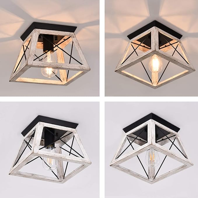 Luupyia 9.84Inches Farmhouse Ceiling Light Fixture Semi Flush Mount, White Square Farmhouse Ceiling Light, Rustic Metal Island Overhead Lighting Fixtures for Dining Room Entryway Living Room, E26