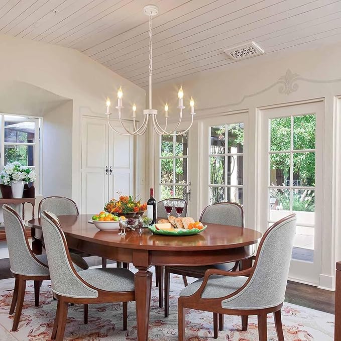 French Country Chandelier, 6-Light Antique White Farmhouse Chandelier for Dining Room Lighting Fixtures Hanging, Candle Hanging Pendant Lights for Kitchen Living Room Bedroom Foyer