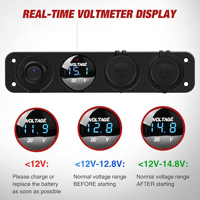 Nilight 4 in 1 ON/Off Charger Socket Panel PD Type C and QC 3.0 USB Power Outlet LED Voltmeter Cigarette Lighter Rocker Toggle Switches for Truck Car Boats RV