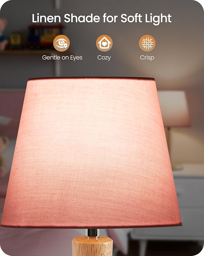 12" Wood Bedside Table Lamps Set of 2, Small Desk Lamps for Small Places, 3 Color Temperatures with Memory, Pink Linen Shade & E26 Bulbs, for Bedroom Living Room Office MP13TLP205