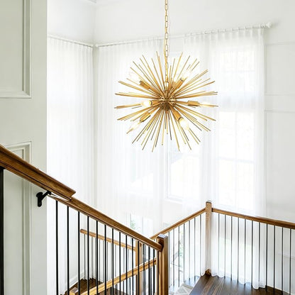 Modern 20in Gold Sputnik Chandelier 9-Lights Mid-Century Starburst Chandelier Solid Metal Firework Satellite Urchin Light Fixture Over Table for Foyer Dining Room Kitchen Bedroom Living Room