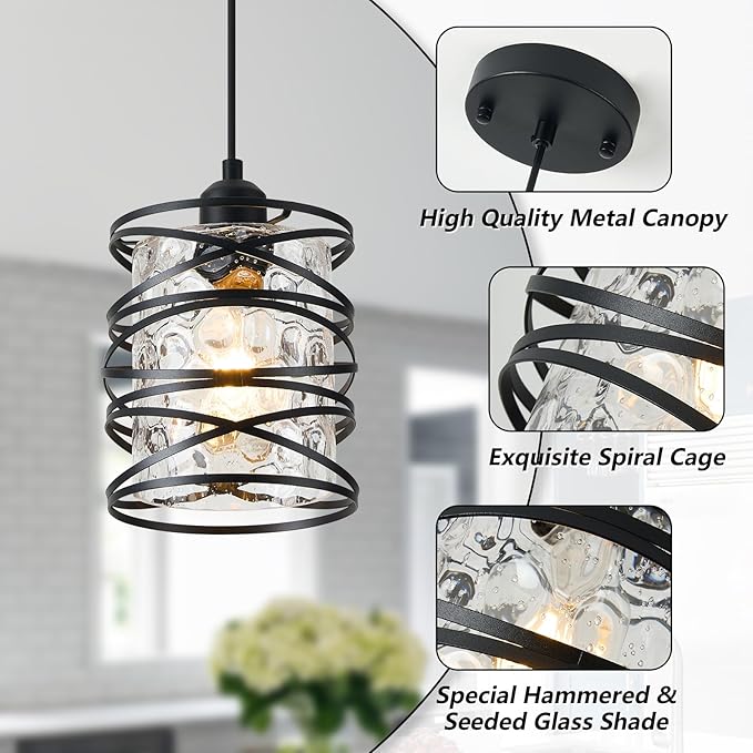 Hammered Glass Pendant Light, Black Metal Spiral Cage Hanging Lamp, Adjustable Height Modern Hanging Light Fixture for Kitchen Island, Dining Room, Living Room, Hallway, Entryway