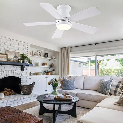 Hounberi Ceiling Fans with Light and Remote,40" White Flush Mount Ceiling Fan with Dimmable LED,6 Speeds DC Reversible,Timer, Noiseless, Indoor Low Profile Ceiling Fans for Bedroom,Kitchen