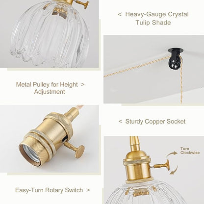2 Pack Plug in Pendant Light Fixtures, Hanging Light Fixture Vintage Glass Pendant Light, Mini Transparent Tulip Hanging Lamp, Pendant Lighting for Kitchen Island, Bedroom, Dining Room, Living Room