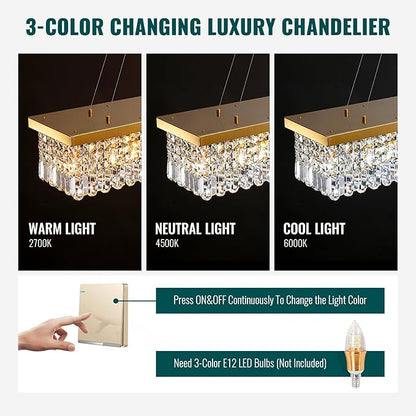 Siljoy 8-Light Modern Crystal Chandelier, 40'' Gold Rectangular K9 Crystal Raindrop Chandelier, Luxury Dimmable Crystal Ceiling Light for Living Dining Room Kitchen Island L40'' x W10'' x H10''