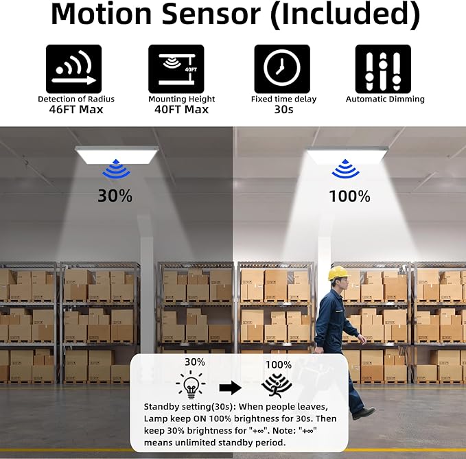 2FT LED Linear High Bay Shop Light with Motion Sensor, 150W High Bay Led Shop Lights, 21000LM 5000K Linear Hanging Shop Light, 400W-500W HPS Eqv., 100-277V Commercial Hanging Lamp for Garage Warehouse