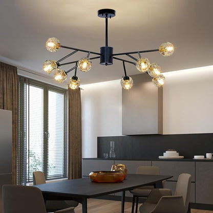 Depuley Chandelier Ceiling Light Fixture: 12-Light Modern Sputnik Chandelier for Dining Room - Height Adjustable Mid Century Black Crystal Chandelier for Bedroom Living Room (Included G9 Bulbs)