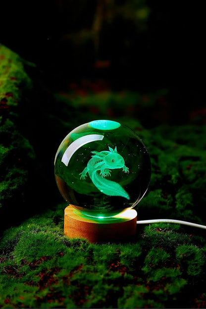 Axolotl Lamp,3.15 inch Axolotl Crystal Ball Lamp,Upgraded 3D K9 Axolotl Crystal Ball Night Light with Wooden Base,16 Colors Change with Remote Control, Axolotl Glass Ball Lamp,Axolotl Gift (E)
