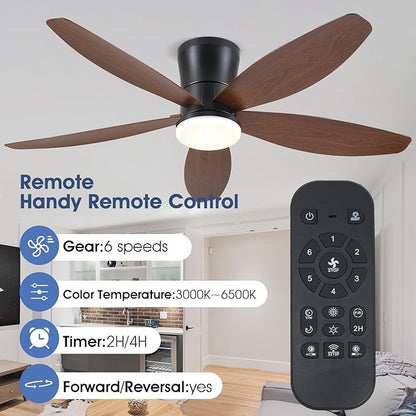 Surtime 48" Ceiling Fans with Lights-Low Profile Ceiling Fan with Light and Remote/APP Control,Flush Mount,LED Dimmable Modern Ceiling Fans for Bedroom,Indoor/Outdoor Patio Use(Brown)