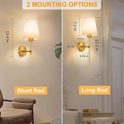 Battery Operated Wall Sconce, Gold Rechargeable Wall Lights with 10000mAh Dimmable Bulbs and 3 Dynamic Modes, 12 Colors Wireless Wall Lamps with Remote for Bedroom Living Room Hallway Decor, 2 Pack