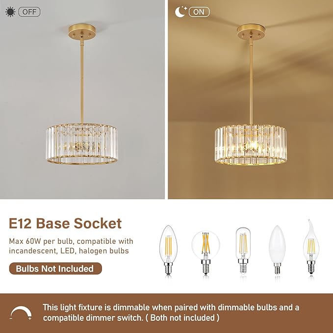 YURNYQ Gold Crystal Chandelier, Small Modern Semi Flush Mount Ceiling Chandelier Light Fixtures, Round Hanging Lighting Fixture for Kitchen Bedroom Hallway Entryway Laundry Room, 3-Light, 11.8 Inch
