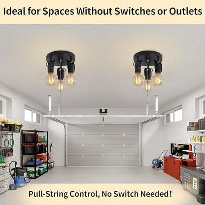 3 Light Flush Mount Ceiling Light with Pull Chain, Industrial Kitchen Ceiling with Rotatable Light Head,Black Pull Chain Spotlight for Bedroom Hallway Kitchen Laundry