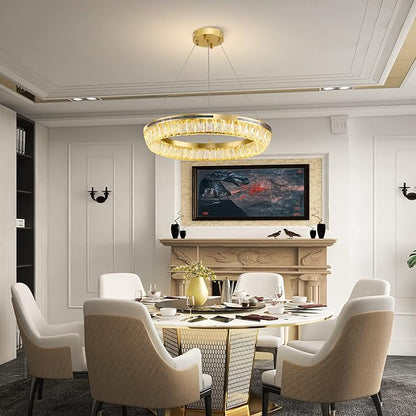 Modern LED Crystal Chandelier Brass Round Dimmable Gold Chandelier Light Fixture 3 Colors Pendant Ceiling Light for Dining Room Living Room Kitchen Island Entryway Foyer Bedroom Bathroom D22''