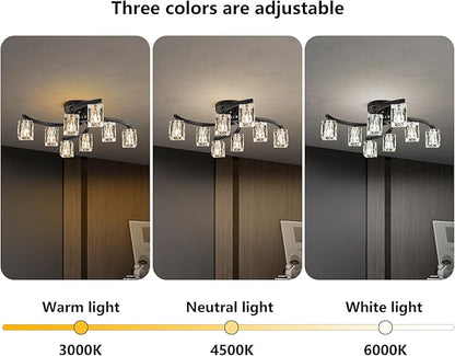 8-Light Semi Flush Mount Ceiling Light, Black and Gold Ceiling Fixture, Farmhouse Dining Room Light Fixture with K9 Crystal Shade, Modern Chandelier for Living Room,Bedroom,Entryway
